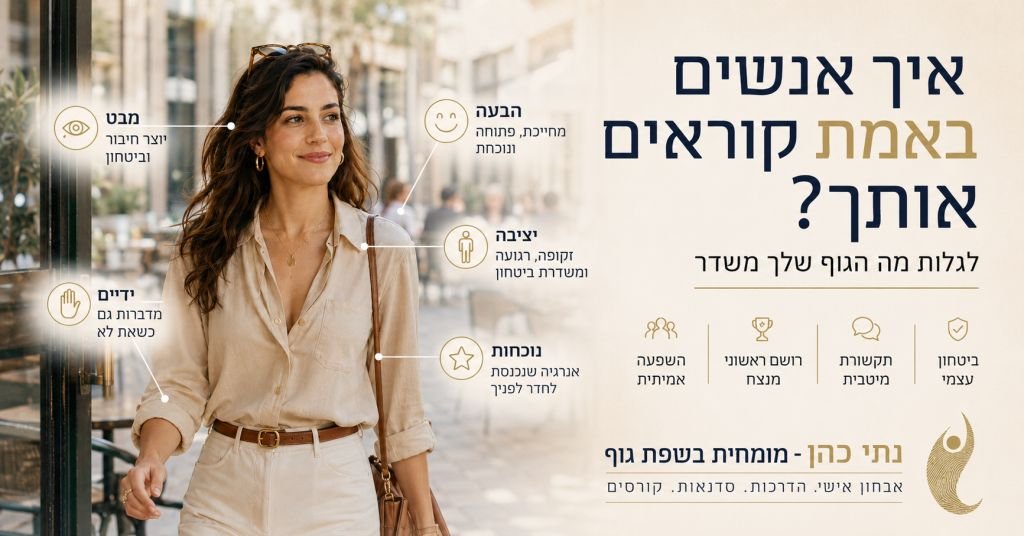 המחשה של מבט, הבעה, יציבה, תנועות ידיים ונוכחות בשפת הגוף